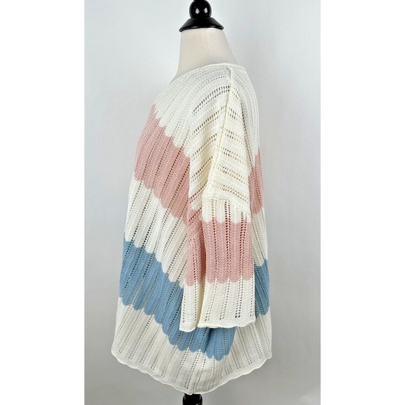 NEW POL Boxy Oversize Sweater LARGE Ivory Blue Pink Stripes V-neck Drop Shoulder - Picture 7 of 13